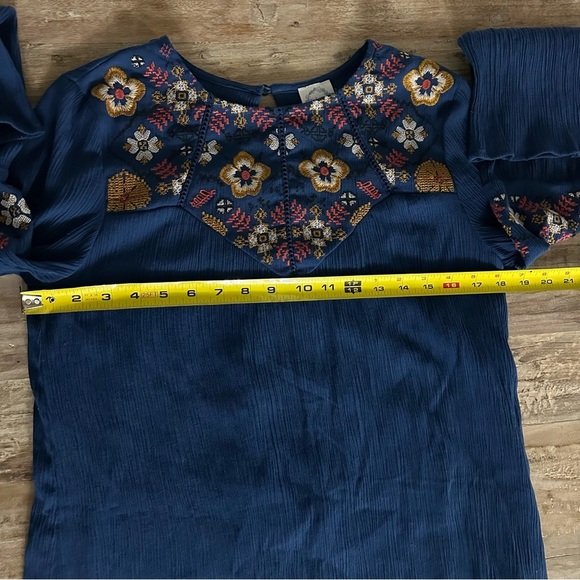 Blue Rain Crinkly Rayon Blend Dress Long Sleeves Embroidered Blue SZ Small Boho - Picture 7 of 9